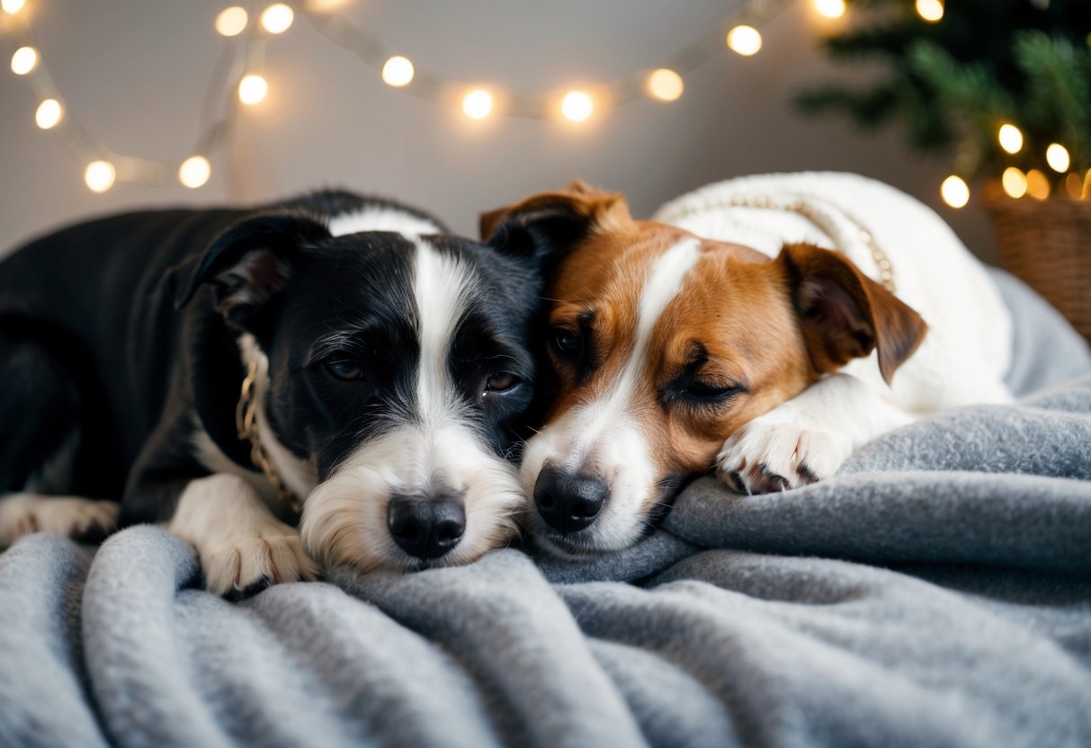 A Border Terrier snuggles on a cozy blanket with its owner, nuzzling close with a content expression
