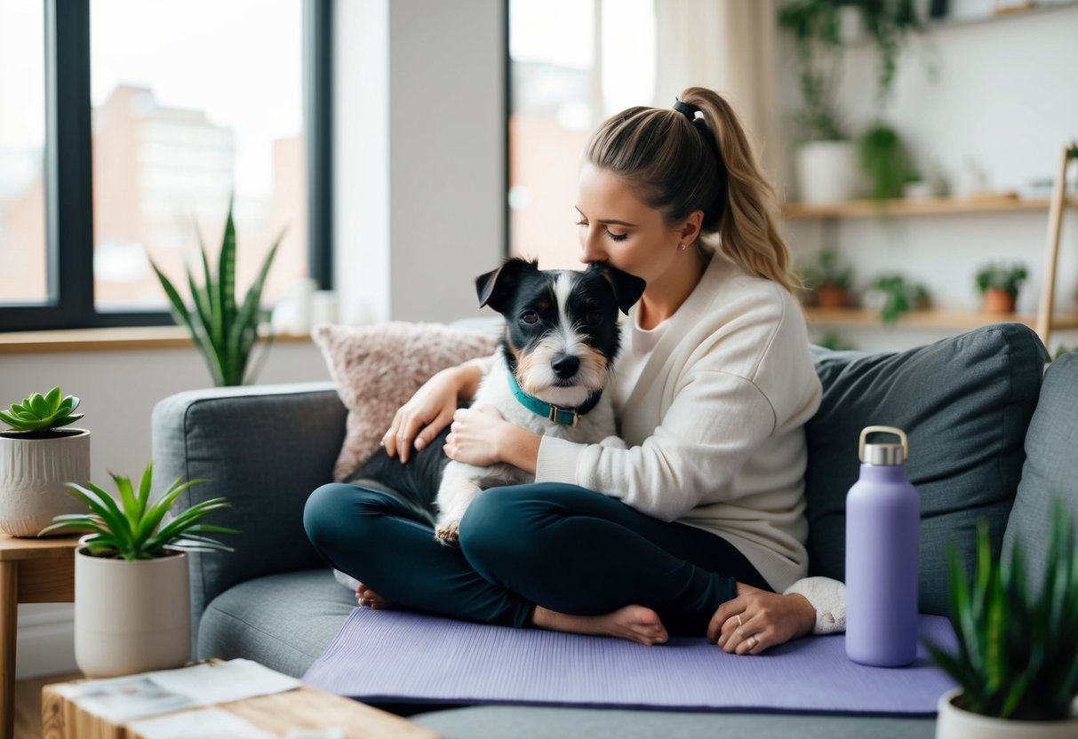 A border terrier snuggles with its owner on a cozy couch, surrounded by wellness items like a yoga mat, water bottle, and plants