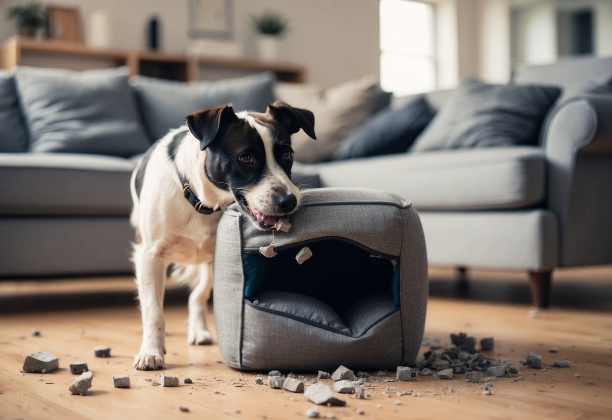 A border terrier chewing on furniture, with torn cushions and scattered debris around the room