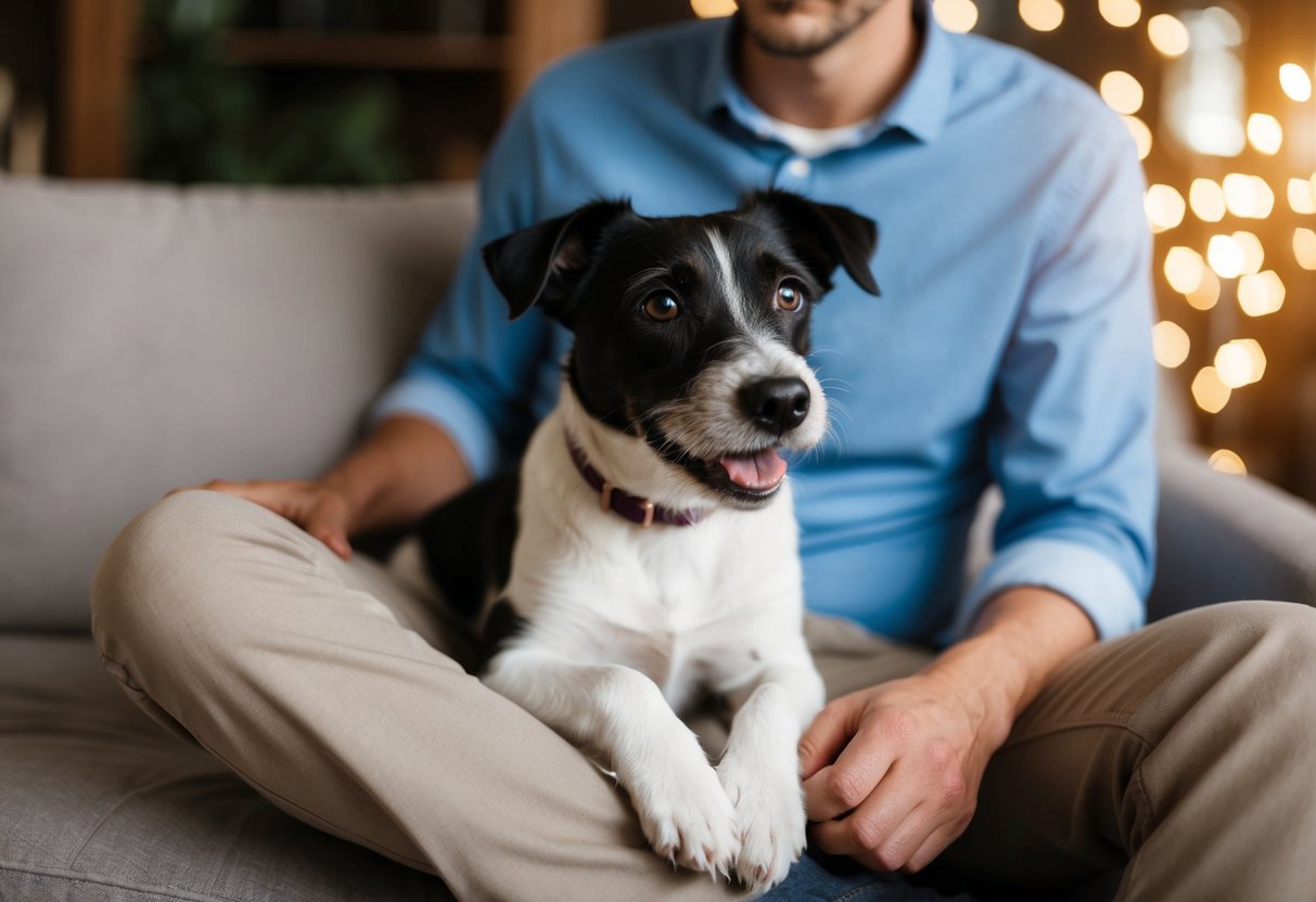 A border terrier sits on a person's lap, wagging its tail and looking up at them with adoring eyes