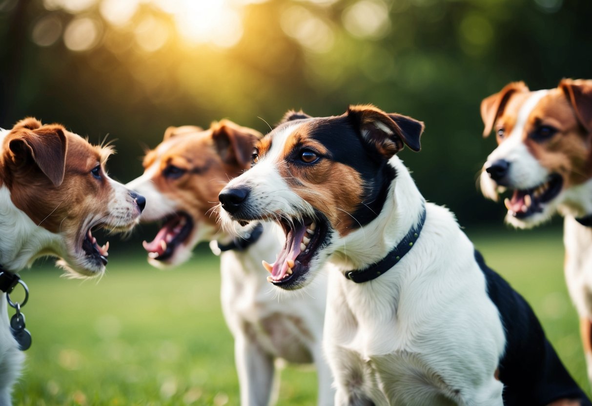 A border terrier growls and snarls at other dogs, showing signs of aggression