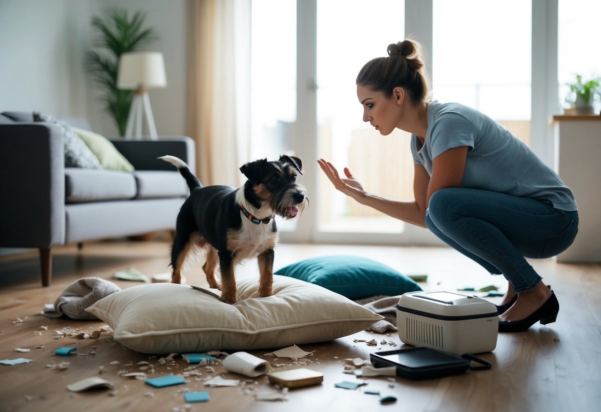 A border terrier stands with a torn-up pillow and scattered household items, looking guilty as its owner scolds it