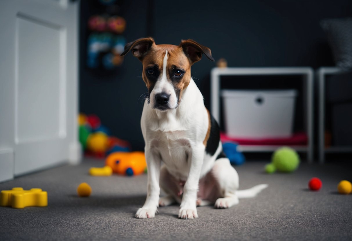 A border terrier sits with a pouty expression, ears drooping and eyes downcast, in a dimly lit room with scattered toys