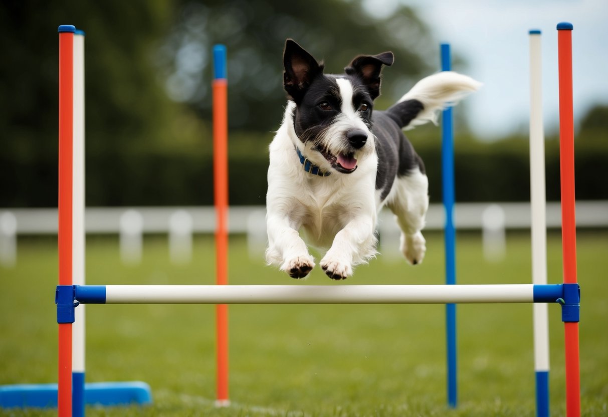 A border terrier confidently navigates an agility course, jumping over obstacles and weaving through poles with ease
