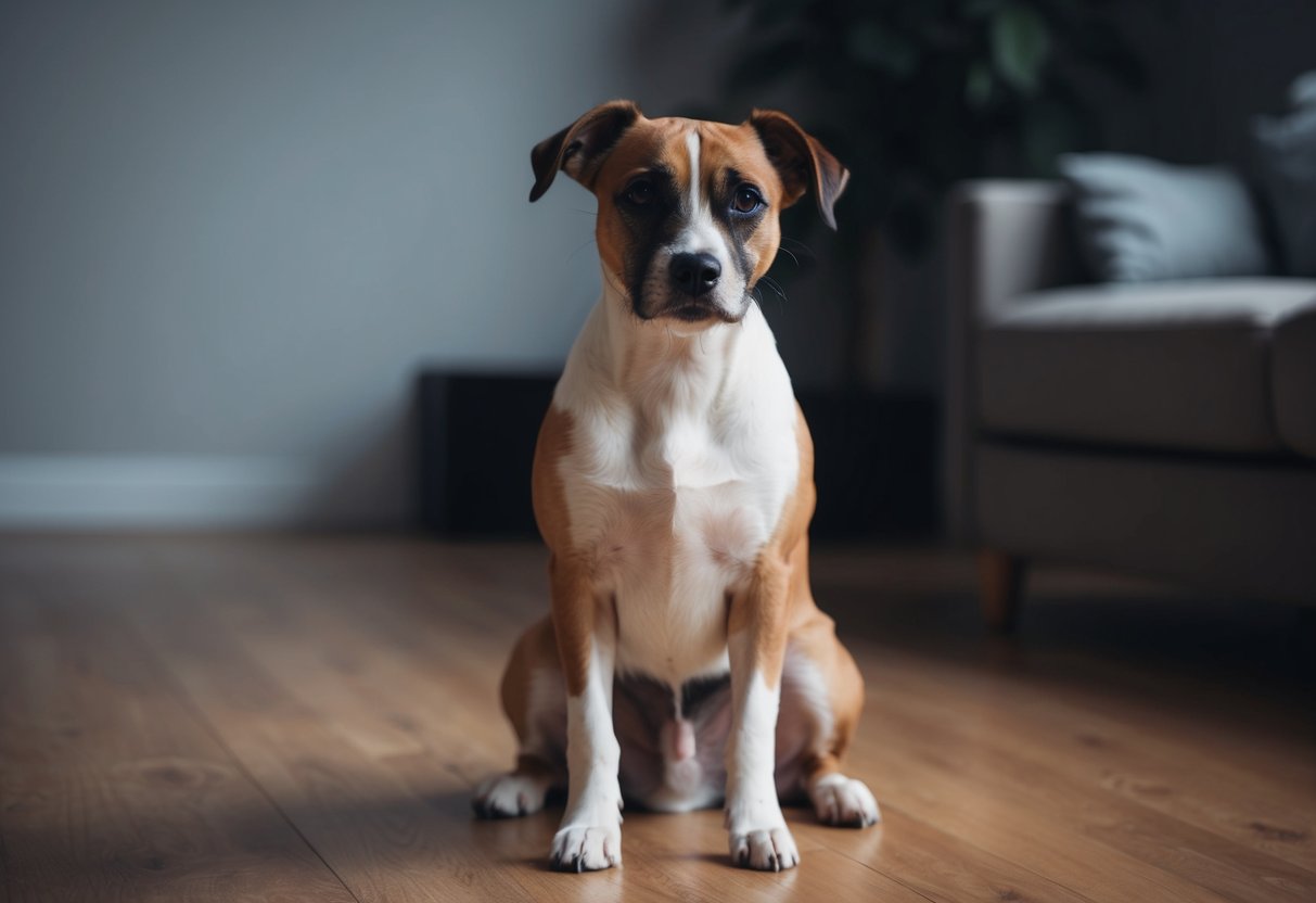 A border terrier sits with a pouting expression, ears drooping and tail tucked between its legs, in a dimly lit room