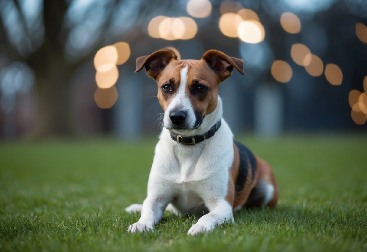 A border terrier sits with ears drooped, avoiding eye contact, and slumped posture
