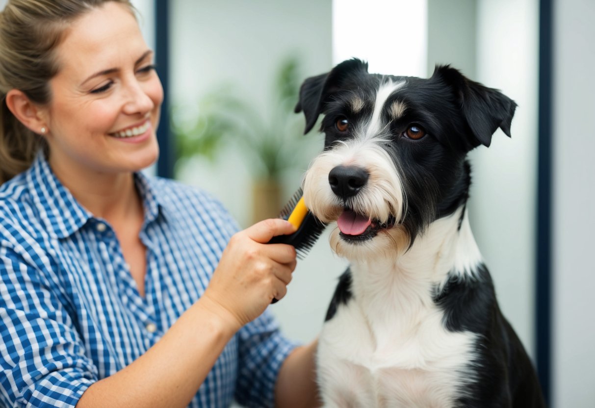 A border terrier being groomed and brushed by its owner