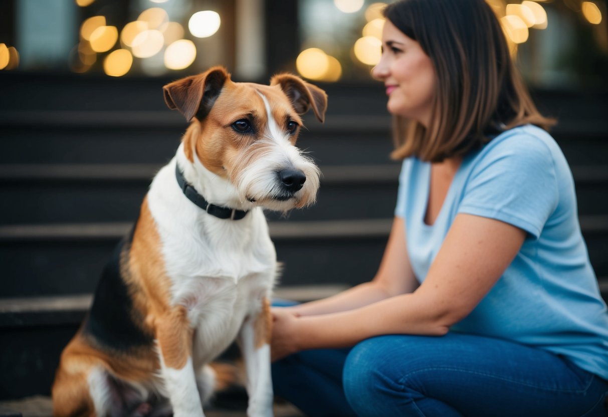 A border terrier sits with a droopy posture, looking forlorn and avoiding eye contact with its owner