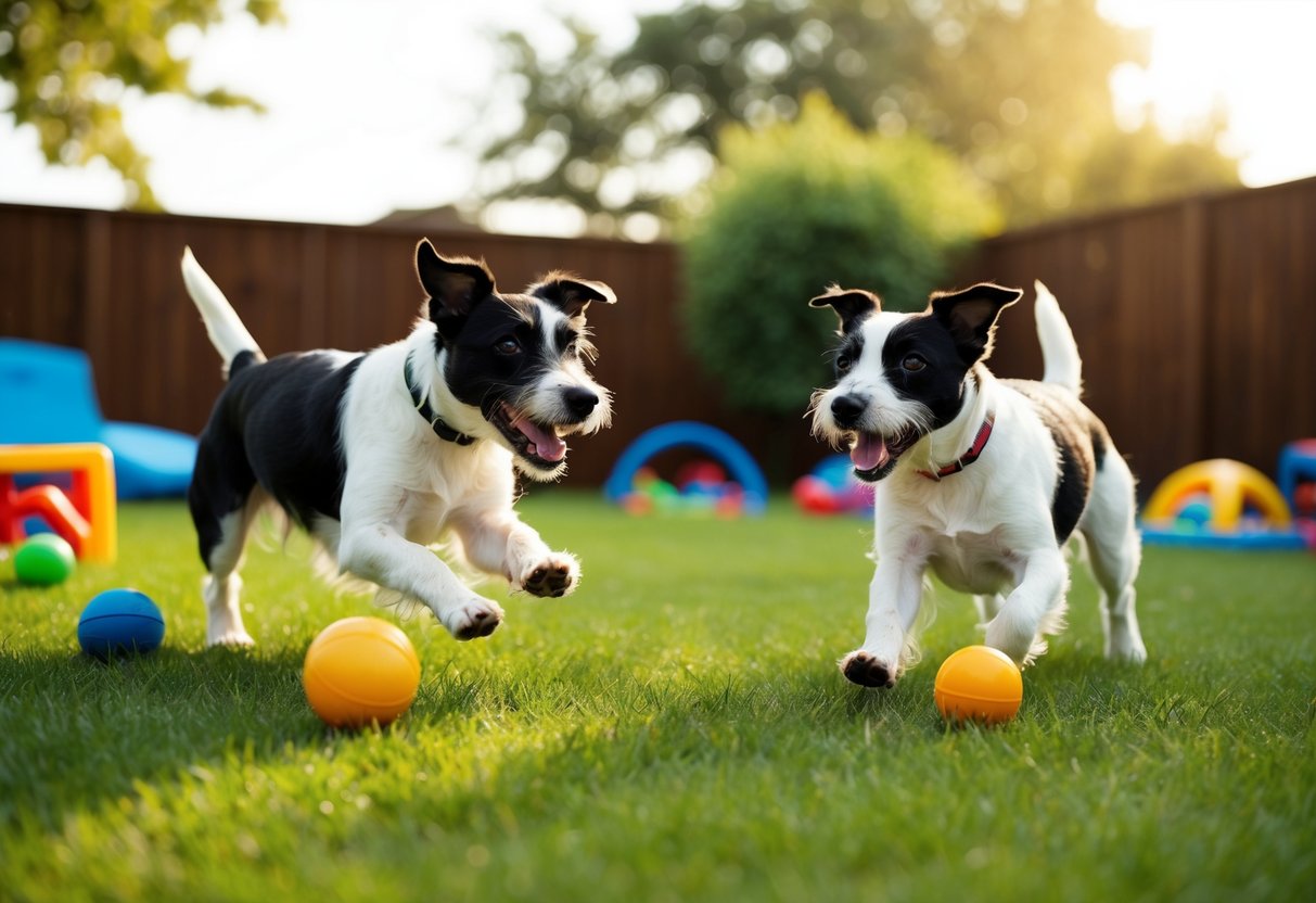 Two lively border terriers playfully chase each other in a sunny backyard, filled with toys and obstacles for them to navigate