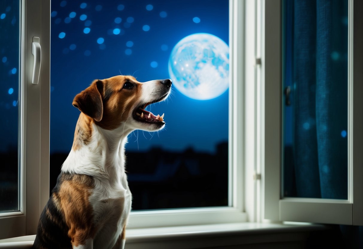 A border terrier stands at a window, barking at the moonlit night outside
