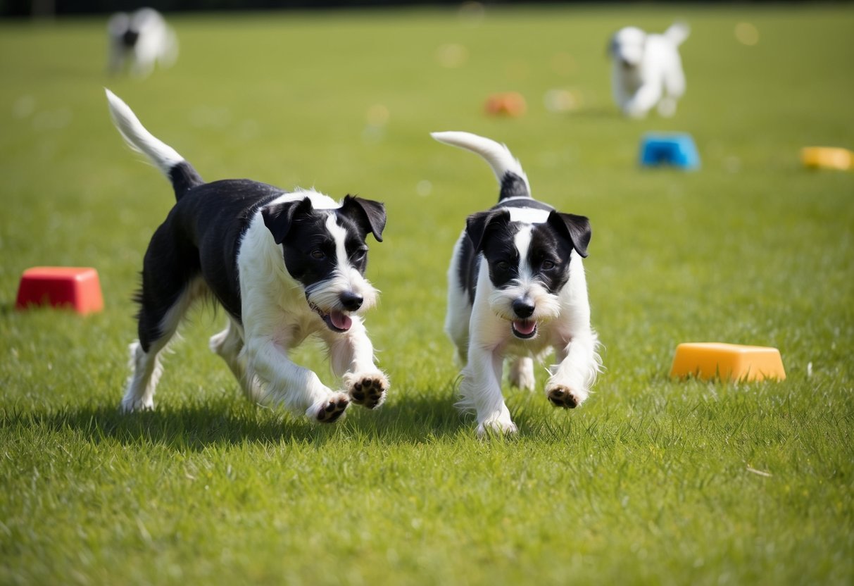 Two border terriers playing and being trained in a spacious, grassy field with a few obstacles and toys scattered around