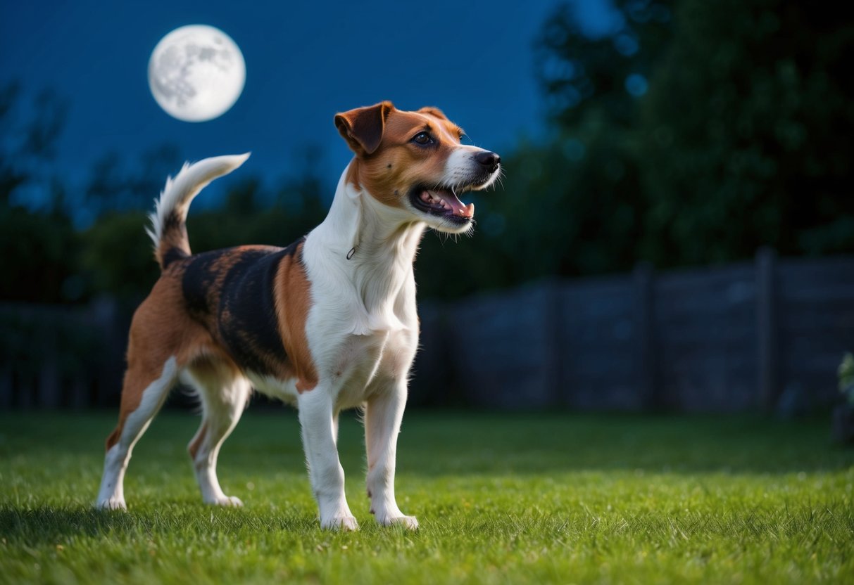 A Border Terrier stands alert in a moonlit garden, barking at a distant noise