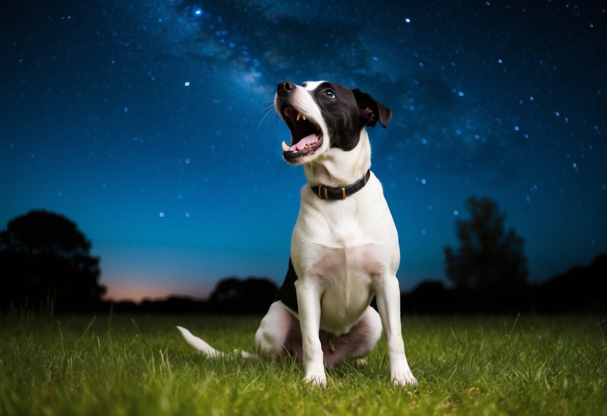 A border terrier barking loudly under a starry night sky, surrounded by peaceful and quiet surroundings