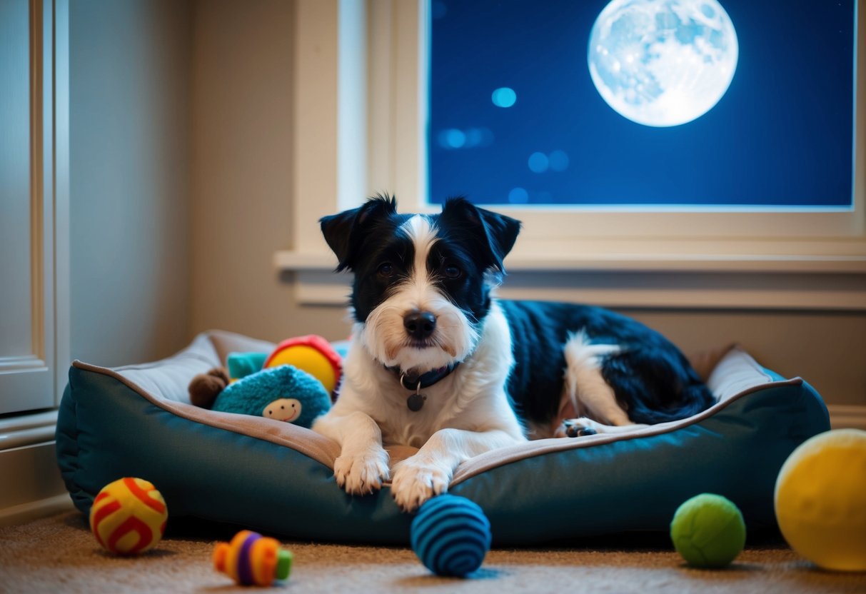 A border terrier sits quietly at night, surrounded by toys and a cozy bed. The moon shines through the window as the dog peacefully rests