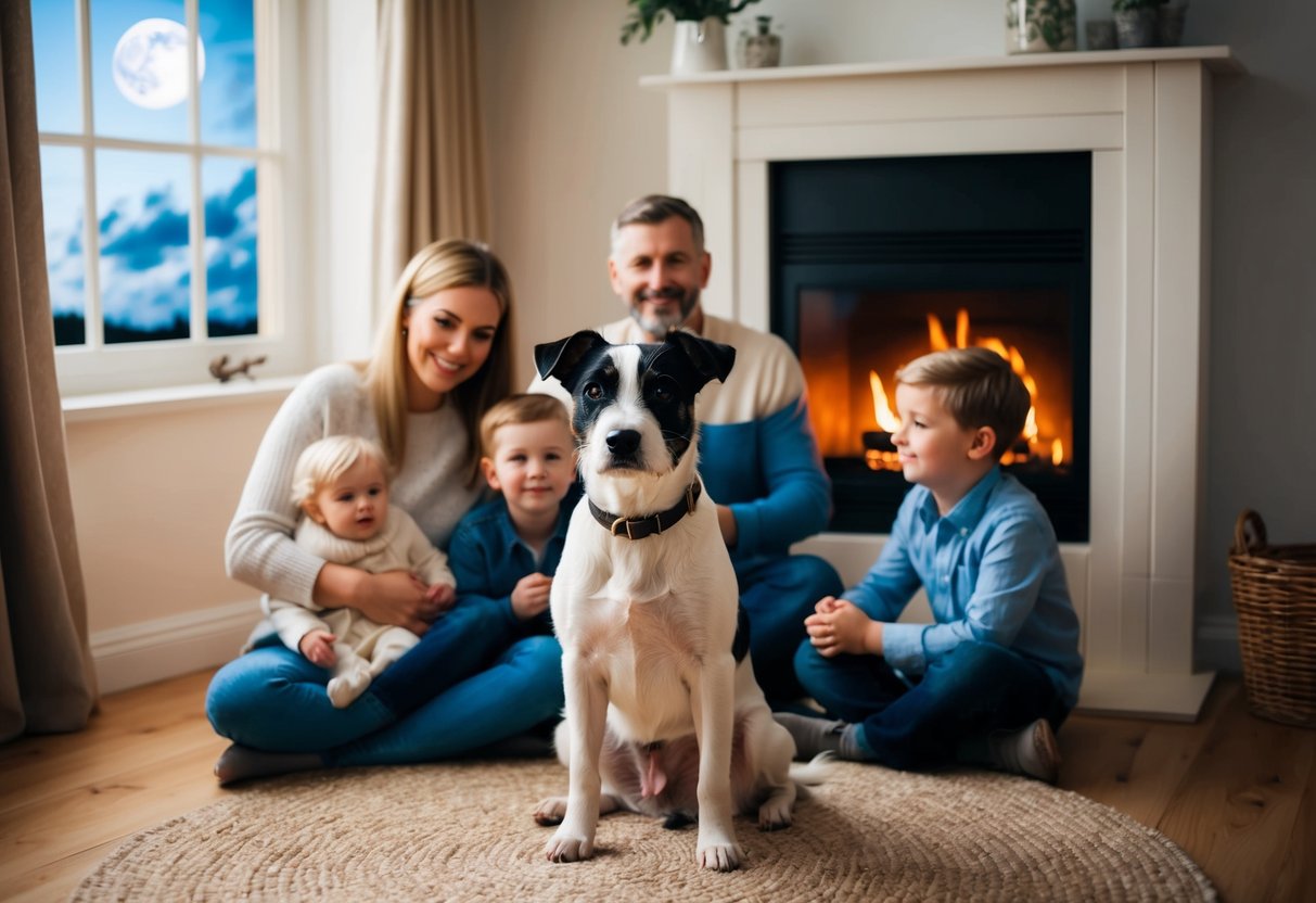 A Border Terrier sits calmly by the fireplace, surrounded by a happy family. The moon shines through the window, casting a warm glow on the peaceful scene