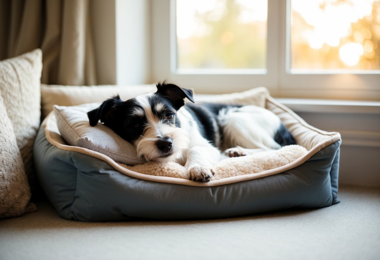 A border terrier peacefully napping in a cozy dog bed, surrounded by soft pillows and blankets, with a gentle sunlight streaming through a window