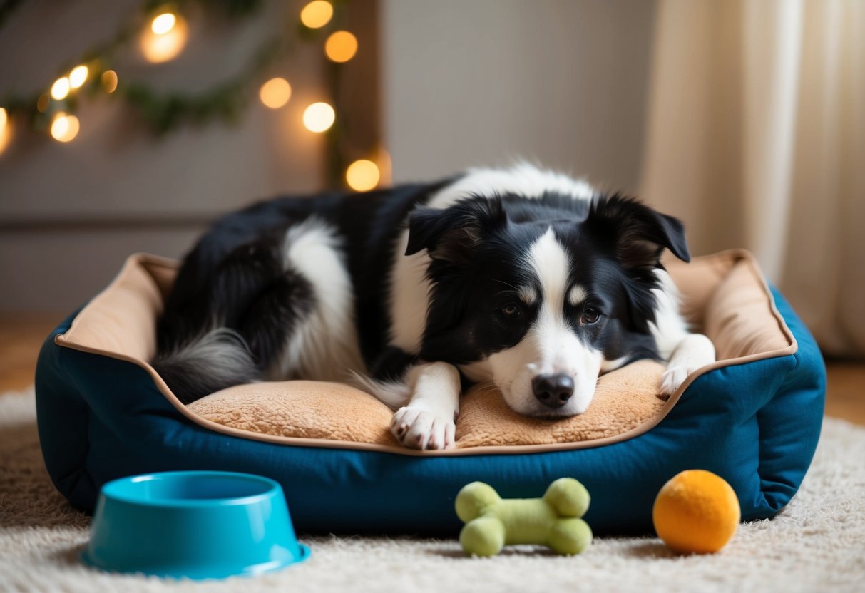 A Border Collie peacefully napping in a cozy dog bed, surrounded by toys and a water bowl