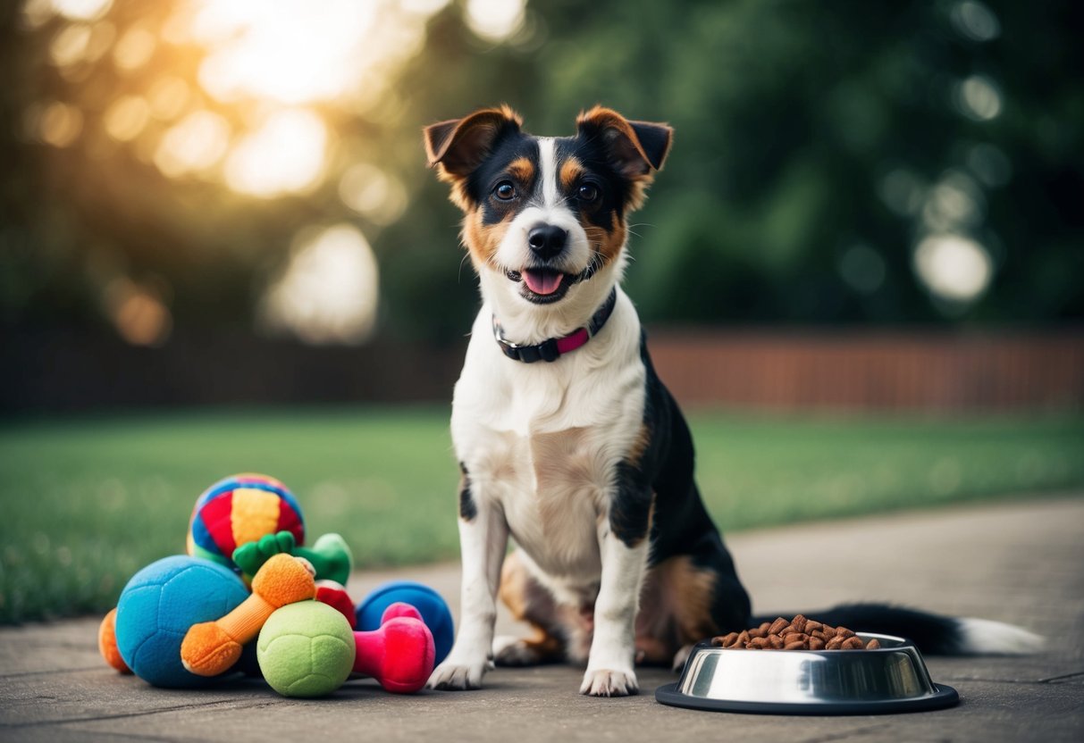 A border terrier sits attentively, ears perked, and tail wagging, next to a pile of toys and a bowl of food