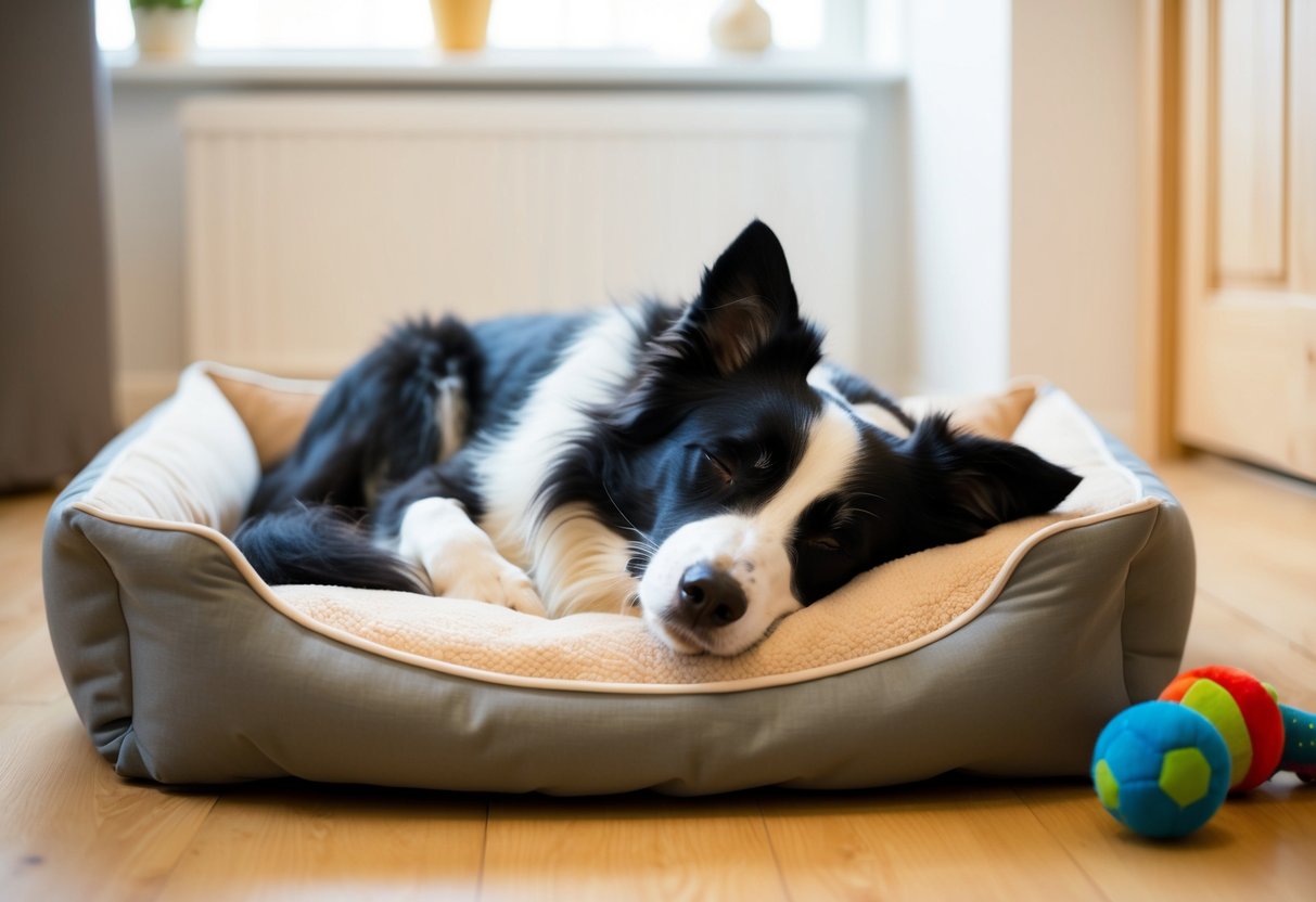 A border collie sleeping peacefully in a cozy dog bed, with a soft blanket and a favorite toy nearby