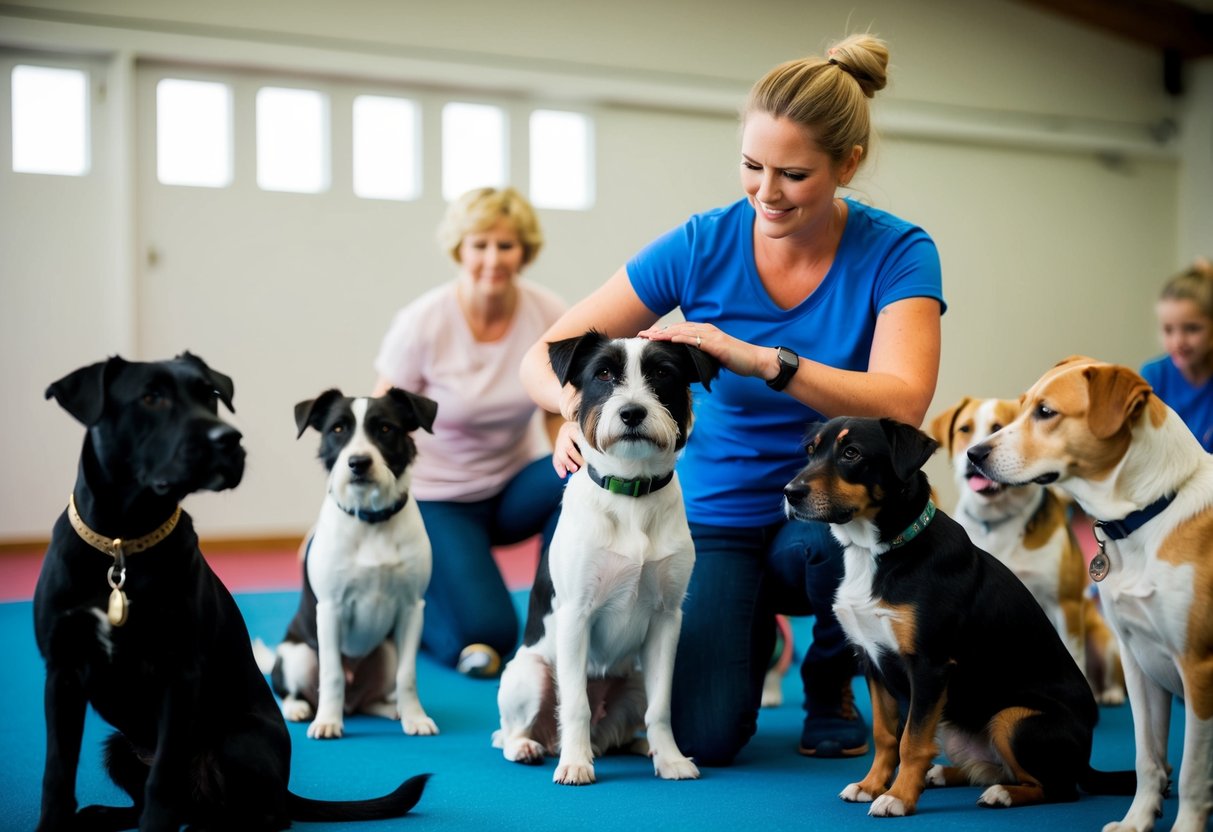 A border terrier sits attentively beside its owner during a training session, surrounded by other well-behaved dogs in a socialization class
