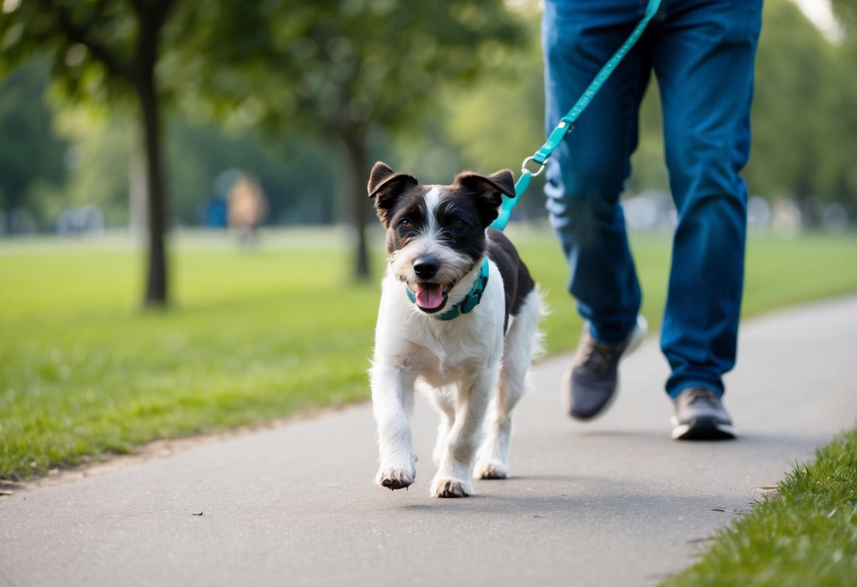 A border terrier obediently follows its owner during a brisk walk in the park, eagerly exploring the surroundings and enjoying the exercise