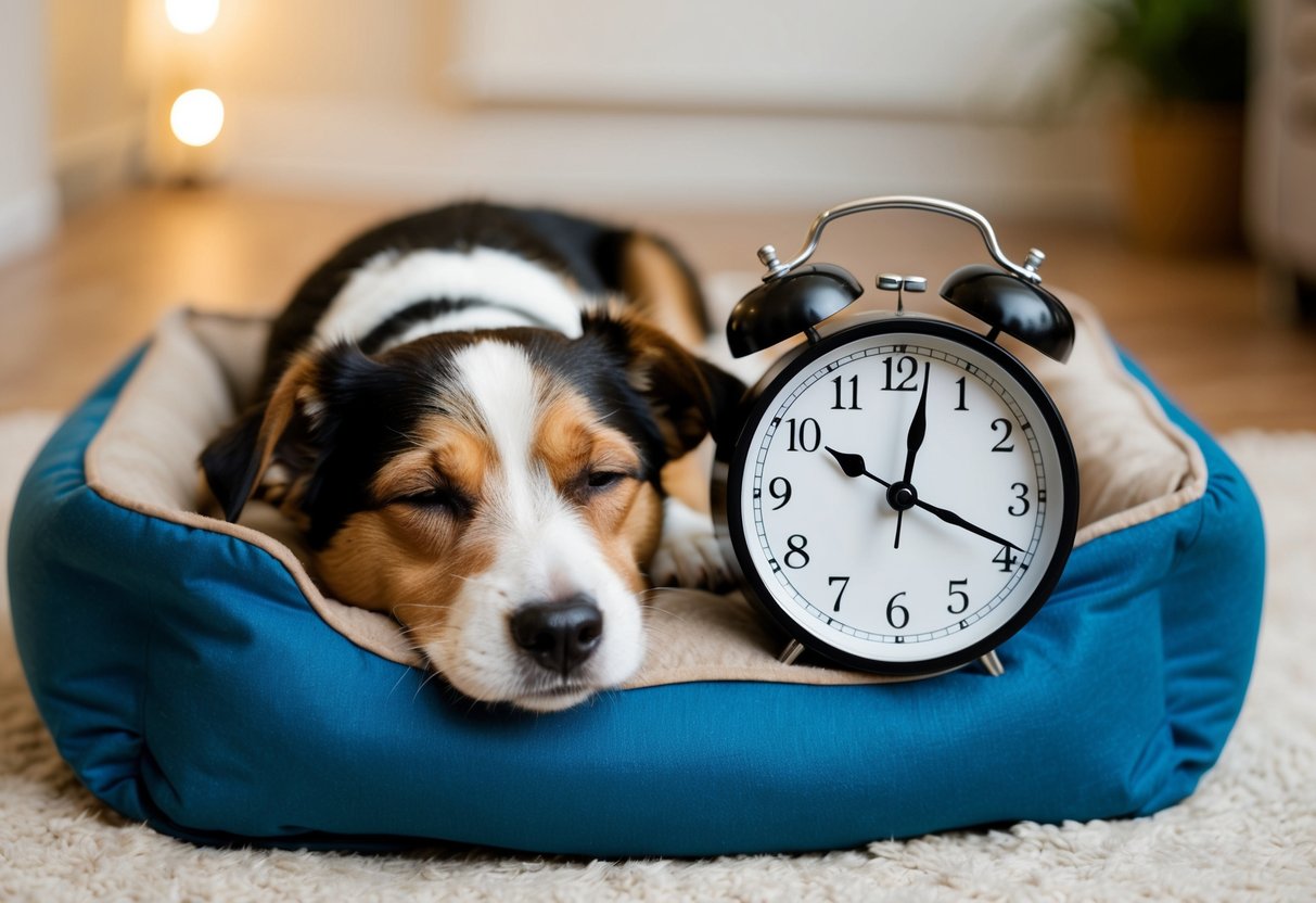 A border terrier sleeping peacefully in a cozy dog bed with a clock showing the recommended 12-14 hours of sleep