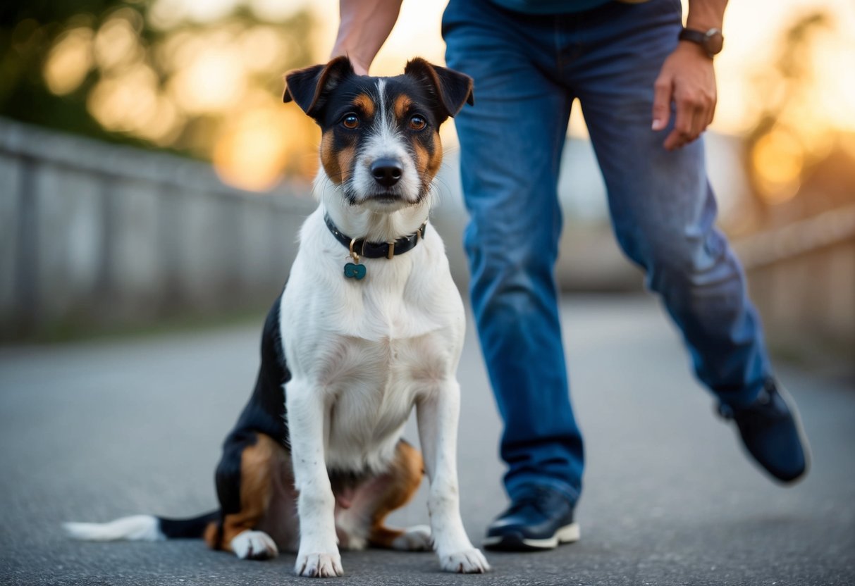 A border terrier sits attentively beside its owner, following commands with focused eyes and a poised stance