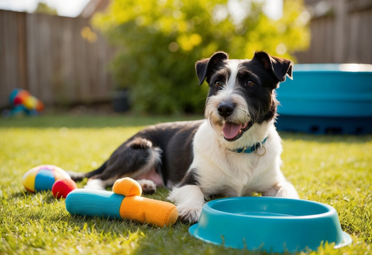 A content border terrier lounges in a sunny backyard, surrounded by toys and a water bowl. The dog's coat is neatly groomed, and it looks relaxed and happy