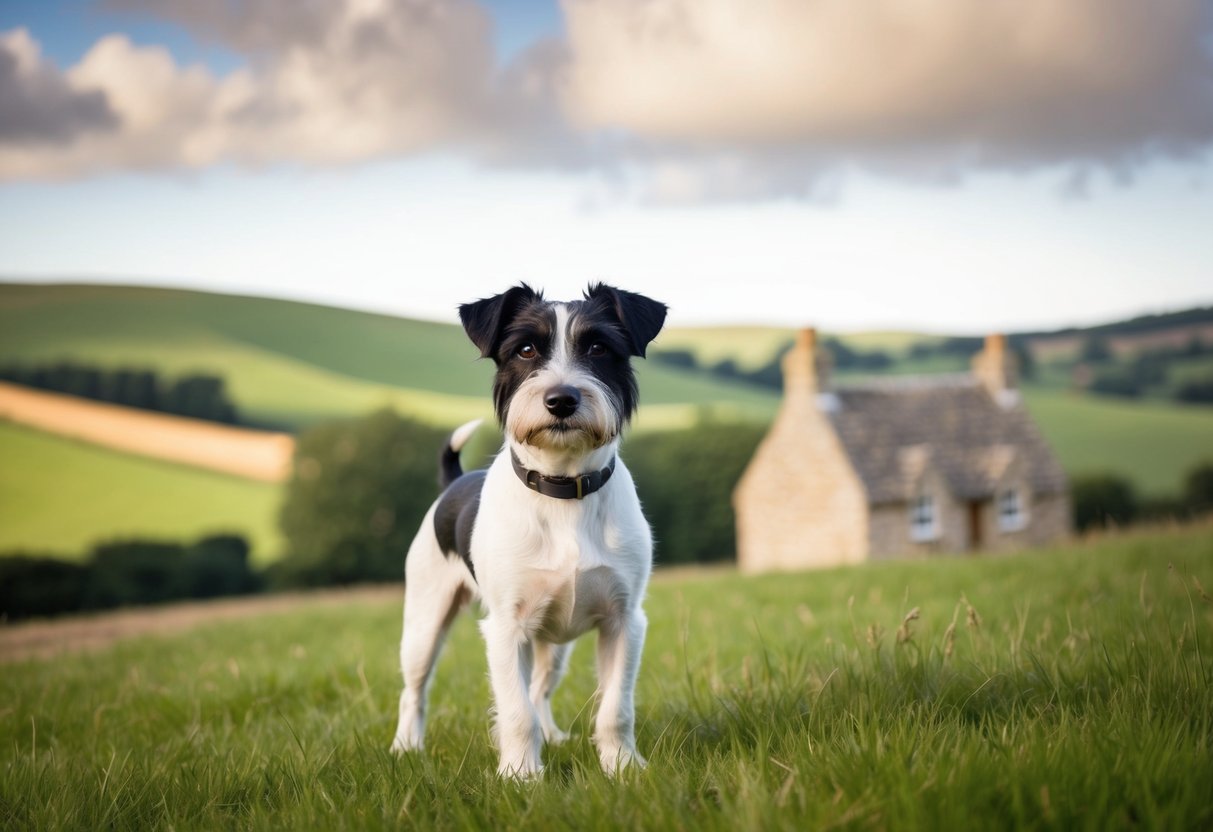 A Border Terrier stands proudly in a rural English landscape, surrounded by rolling hills and a quaint stone cottage, showcasing the breed's origin and history