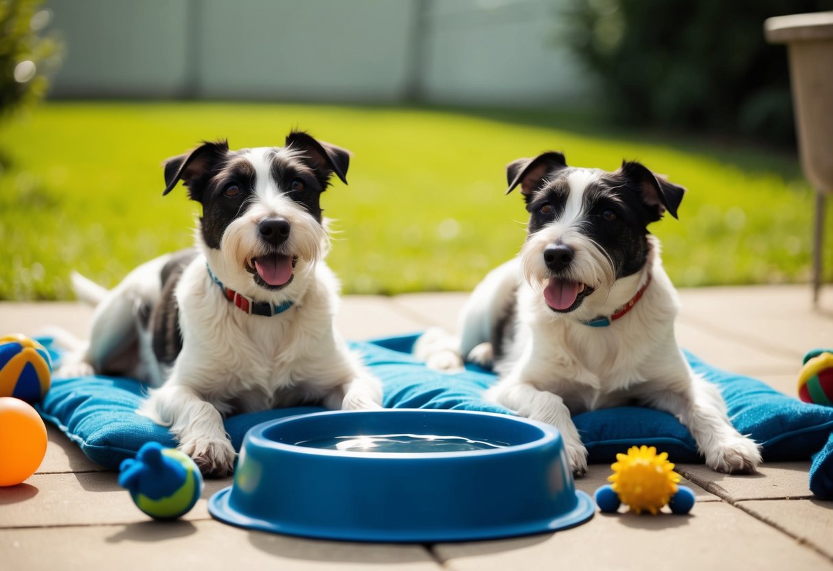 Two border terriers lounging in a sunlit backyard, surrounded by toys and a water bowl. Their relaxed expressions and wagging tails convey their low-maintenance temperament