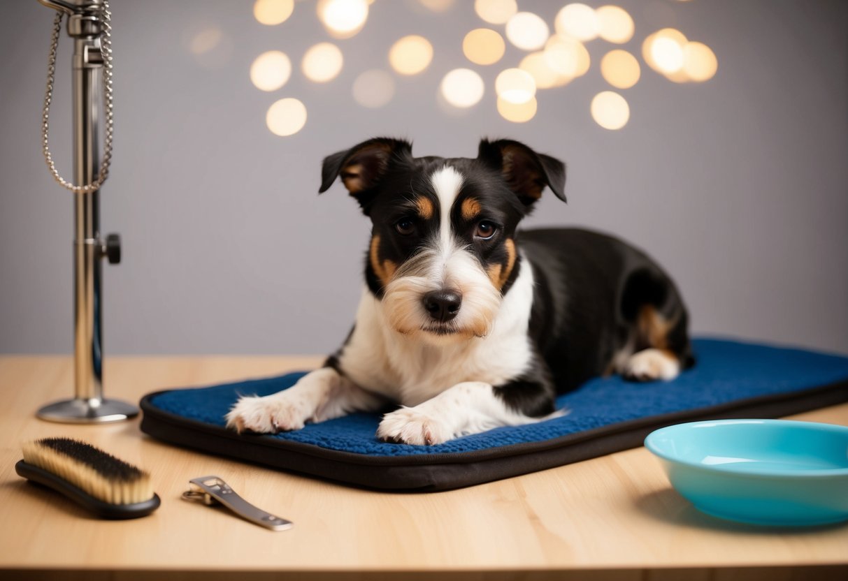 A border terrier lounges in a simple grooming setup, with a brush, nail clippers, and a bowl of water nearby