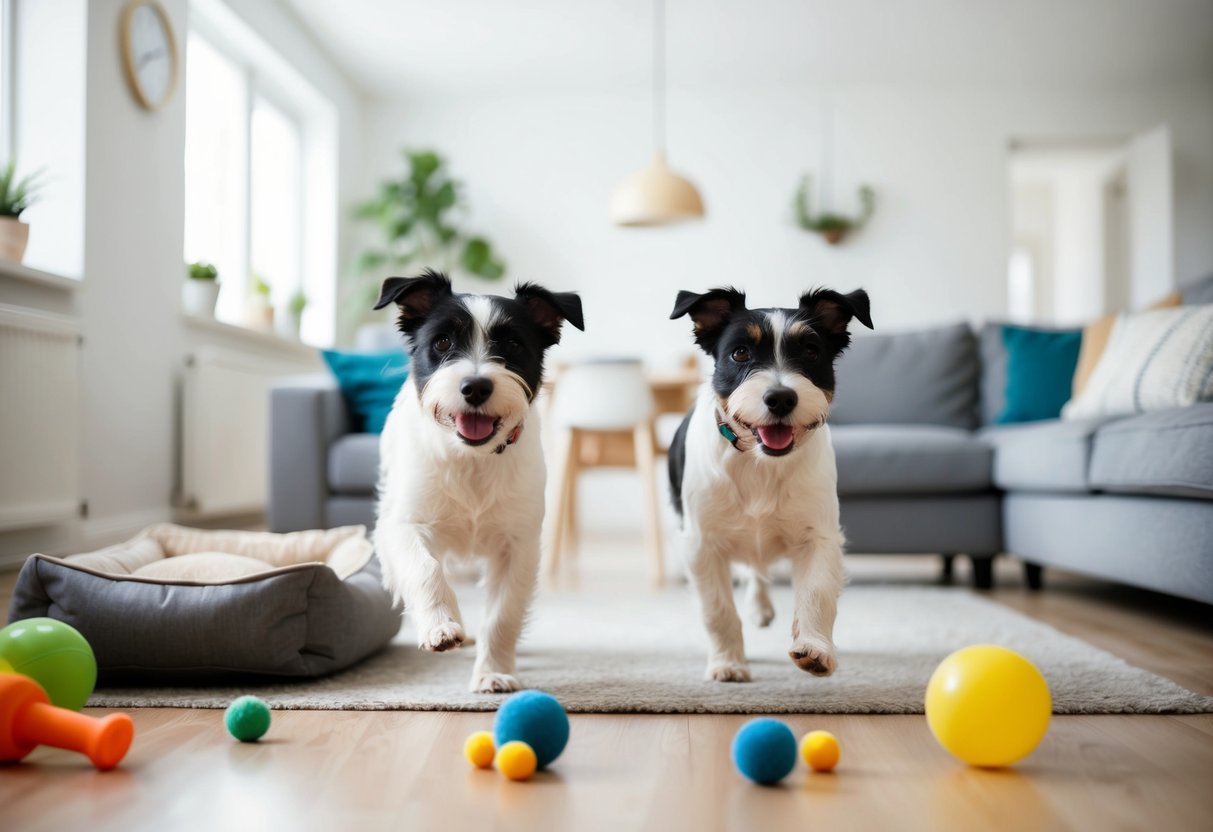 Two border terriers playfully romp in a clean, spacious living room, surrounded by scattered toys and a cozy dog bed