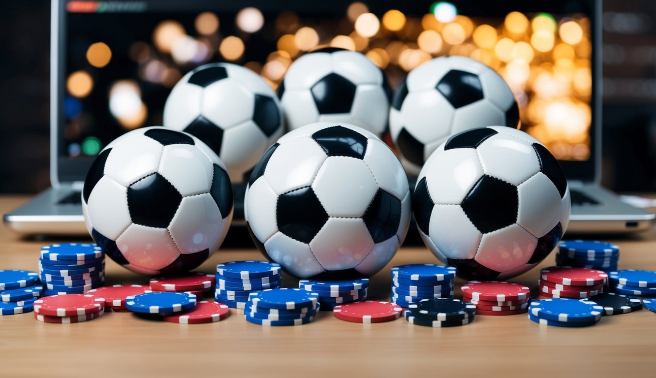 Sekelompok bola sepak yang disusun dalam lingkaran, dikelilingi oleh chip taruhan dan sebuah komputer, mewakili perjudian olahraga online