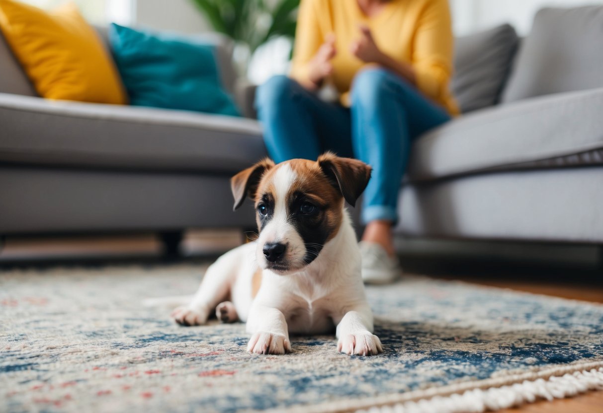 A border terrier puppy has accidents on a rug while the owner looks frustrated