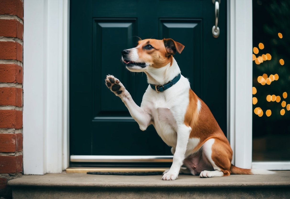 A border terrier sits by the door, whining with a tilted head and paw raised, looking expectantly towards the owner