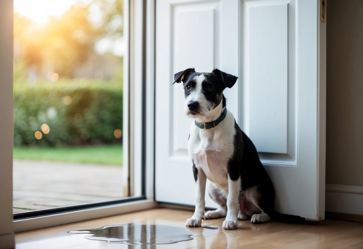 A Border Terrier confidently sits by the door, looking out with a determined expression, while a puddle of pee on the floor indicates a failed attempt at house training