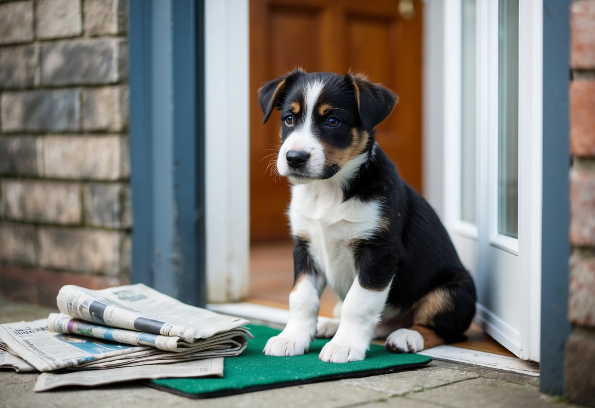 A border terrier puppy sits by the door, looking expectantly outside. A pile of newspapers and a training pad are scattered nearby