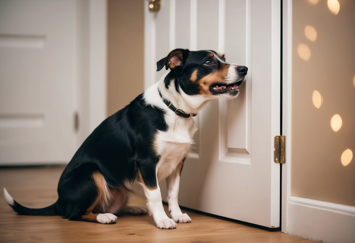 A border terrier sits by a closed door, whining softly with a tilted head and pleading eyes