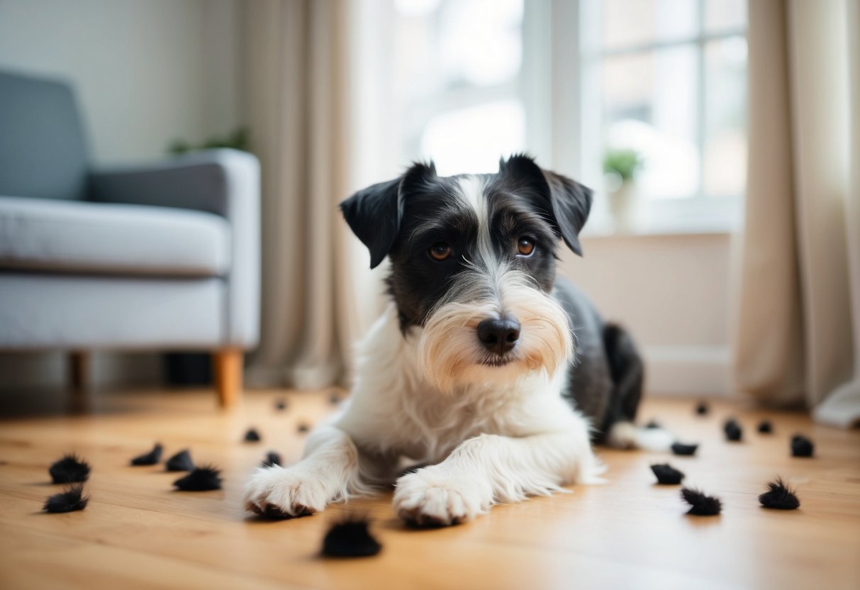 A border terrier sheds lightly, with small clumps of fur scattered around the room