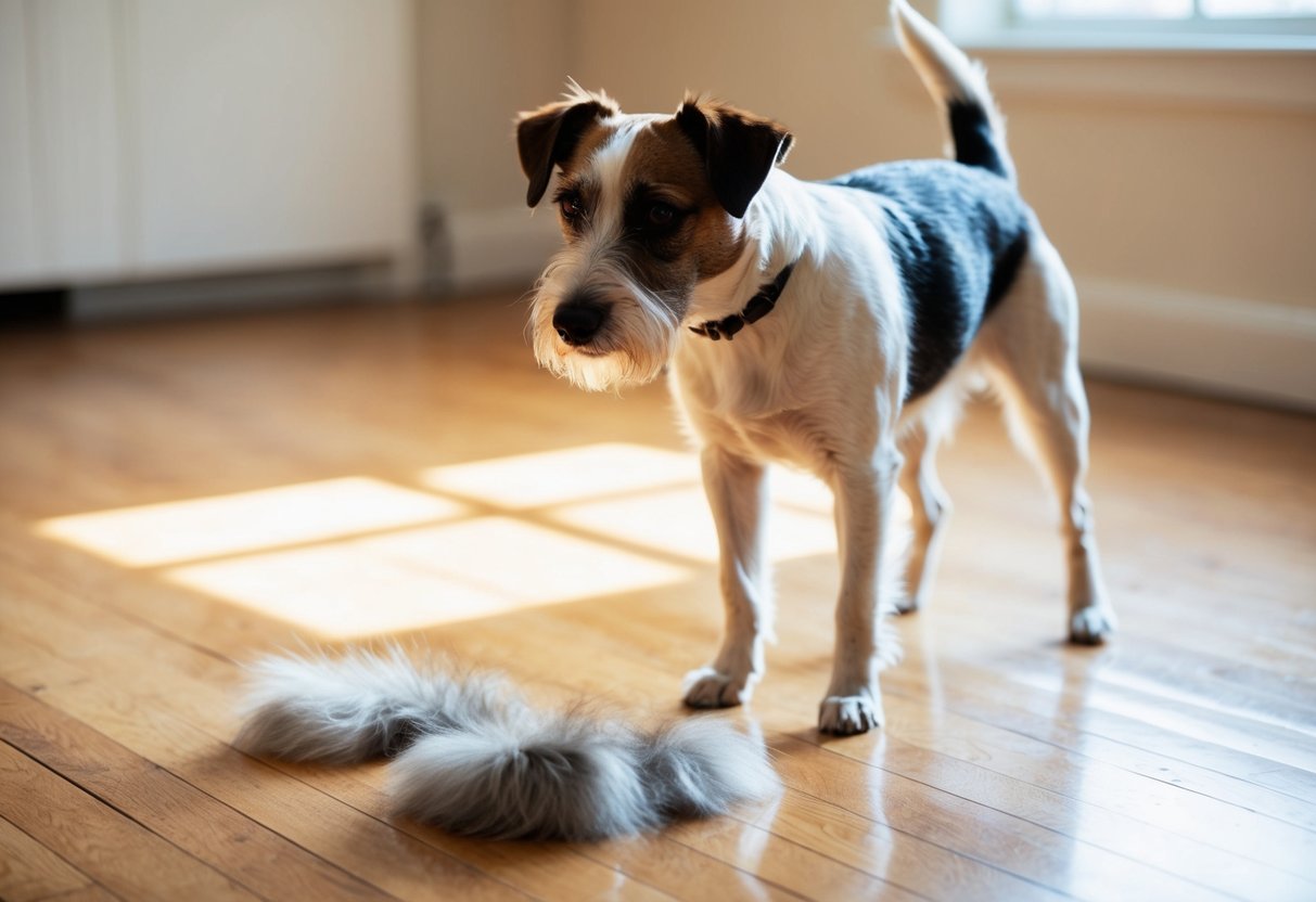 A Border Terrier stands in a sunlit room, shedding small tufts of fur onto the hardwood floor