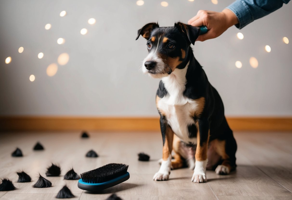A Border Terrier sits calmly as a brush removes loose fur, with scattered tufts on the floor