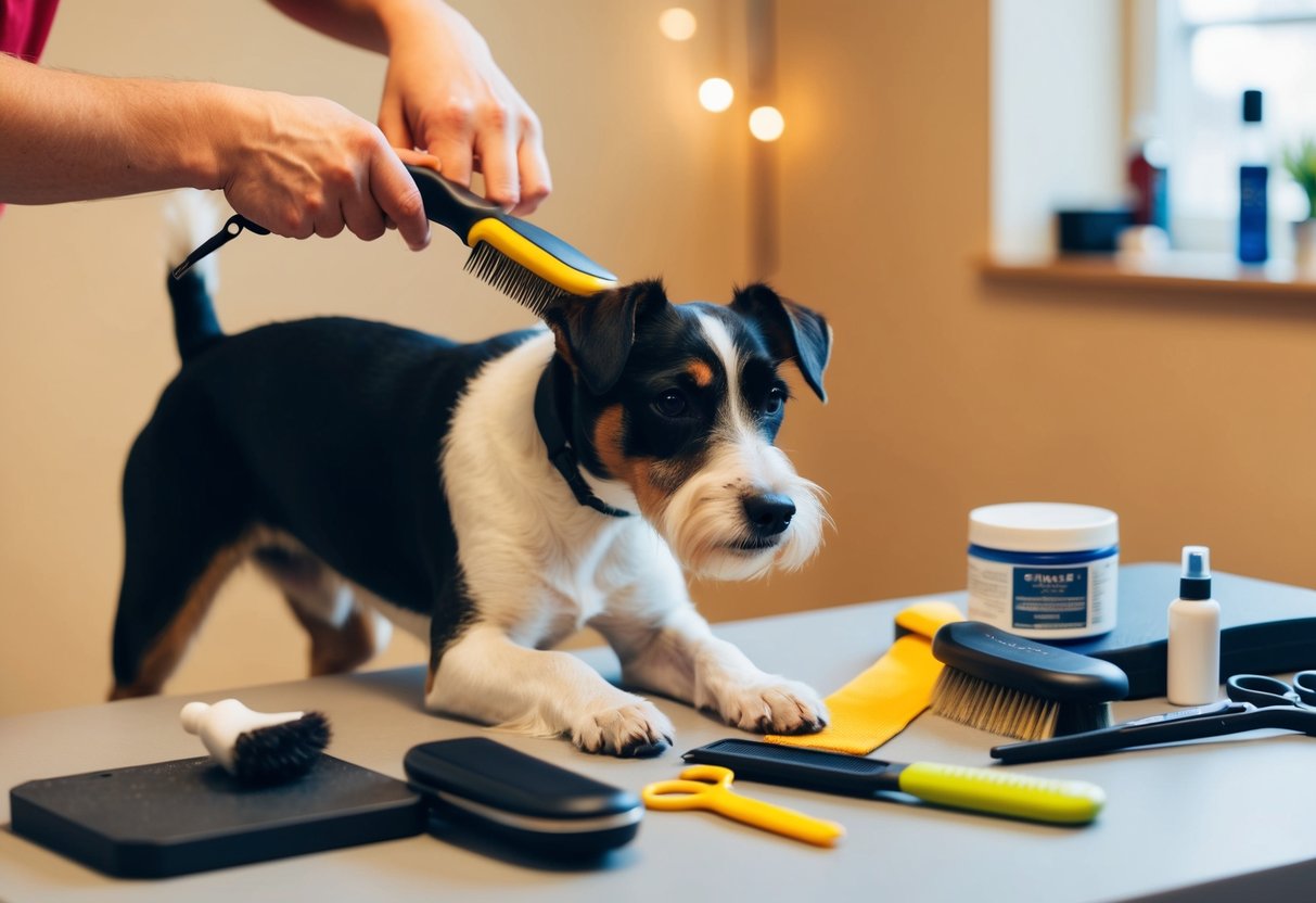 A border terrier being groomed with a brush and comb, surrounded by grooming tools and products on a table