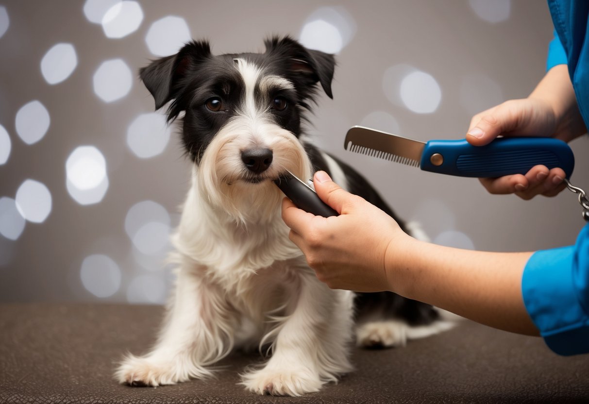 A Border Terrier being groomed, with a person using a stripping knife to remove dead hair from its coat