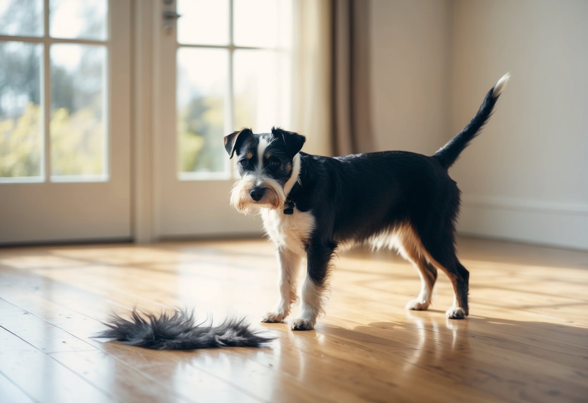 A border terrier stands in a sunlit room, shedding small amounts of fur onto the hardwood floor