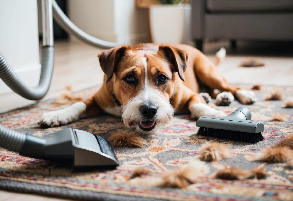 A Border Terrier lying on a rug, surrounded by scattered fur. A brush and vacuum cleaner nearby
