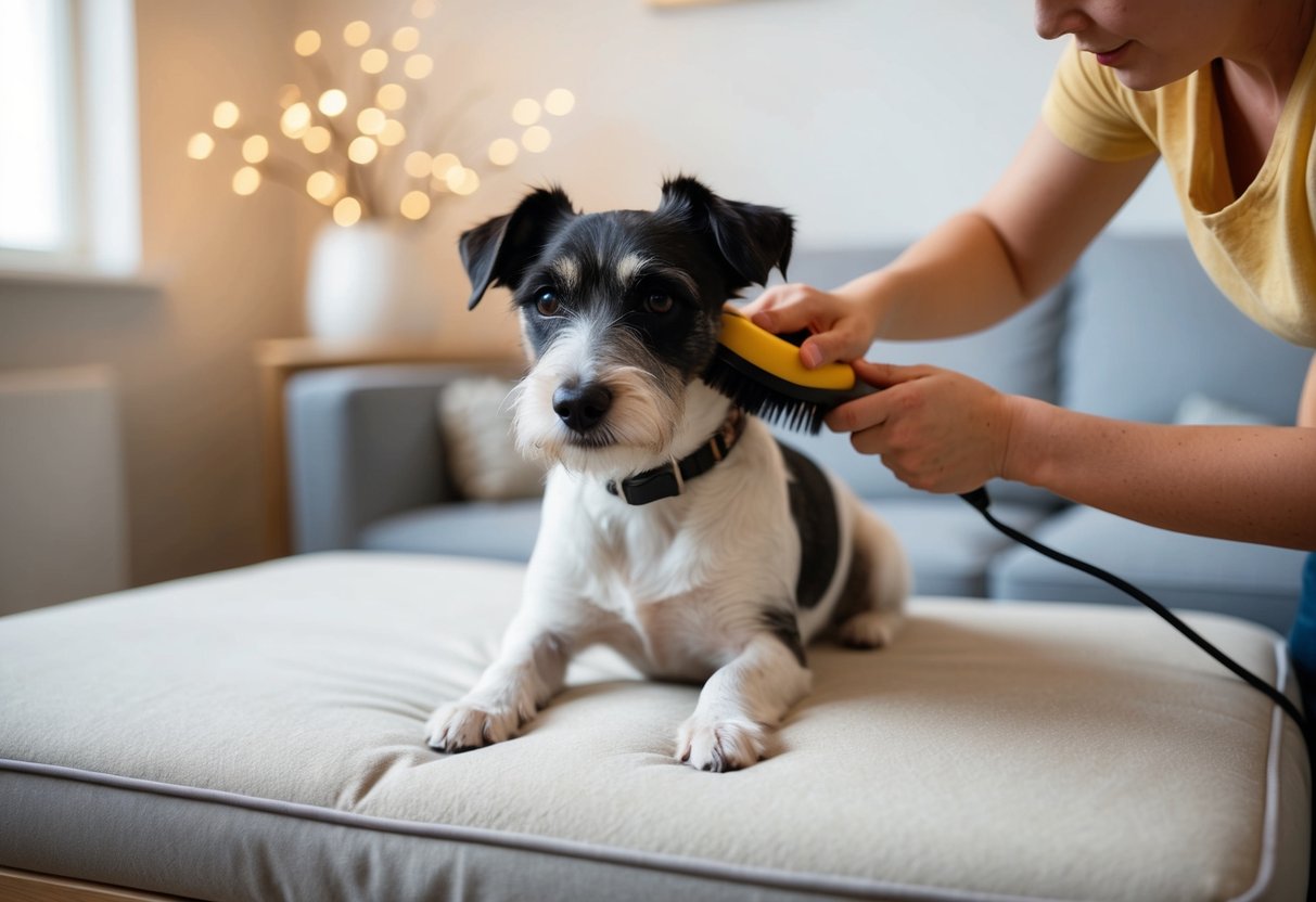 A border terrier getting a gentle brushing and grooming in a cozy, well-lit room with a soft cushioned surface