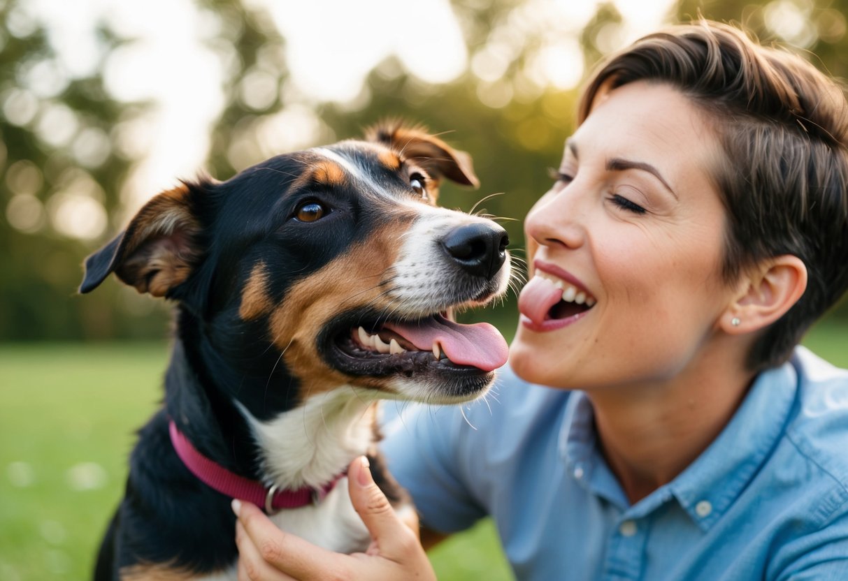 A border terrier eagerly licks the face of its owner, wagging its tail with excitement