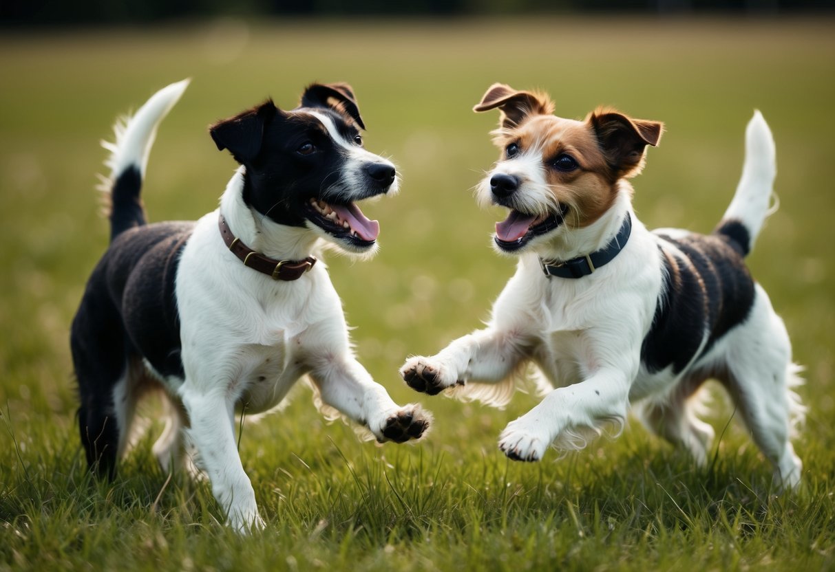 A male and female border terrier playfully interact in a grassy field, showcasing their distinctive features and personalities