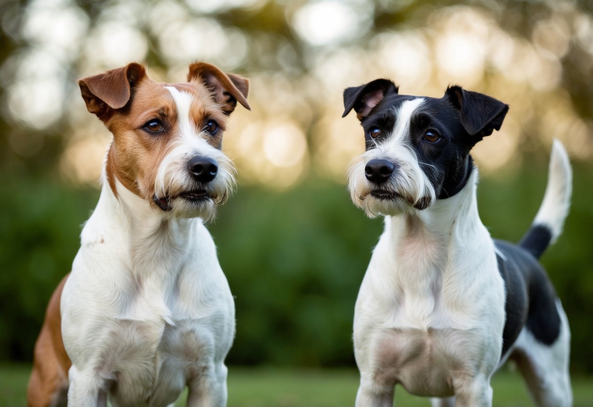 A male and female border terrier stand side by side, looking alert and attentive with their ears perked up. The male terrier has a slightly broader chest, while the female terrier appears slightly smaller in size