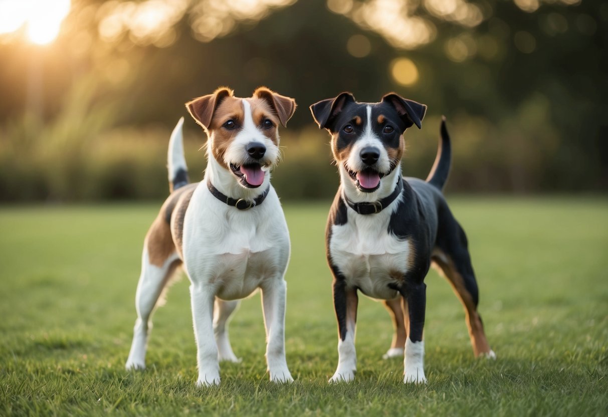 A male and female border terrier stand side by side, both looking healthy and energetic
